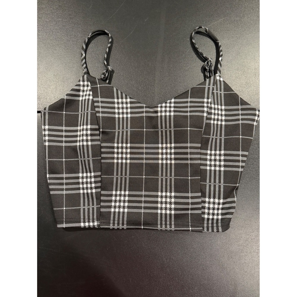 Love Tree Womens Black White Plaid Cropped Cami Top Sweetheart Neck Size Medium